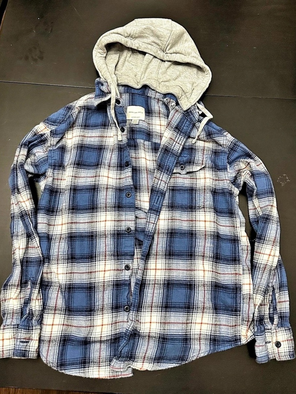 American Eagle AE Super Soft Hooded Flannel Shirt Blue & White